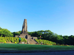 テラス席から見える広々とした平和台公園の景色